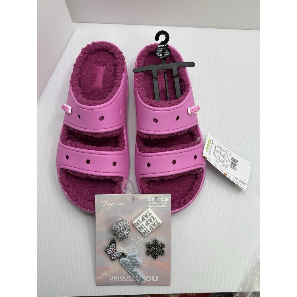 New Crocs Classic Cozzzy Platform Sandals Taffy Pink Fuzzy Slides Unisex W7 M6